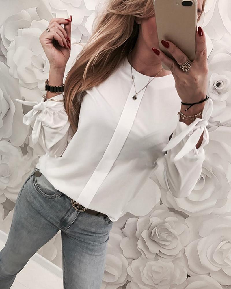 

Solid Tied Cuff Detail Casual Blouse