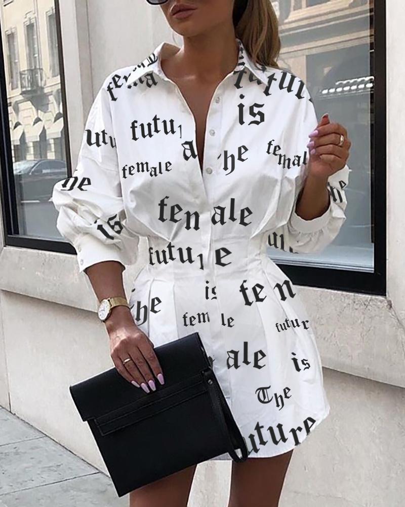 

Letter Print Tight Waist Shirt Dress, White