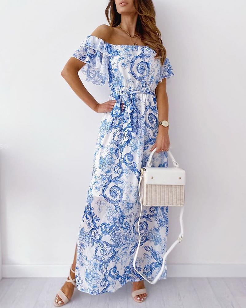 

Retro Print Off Shoulder Ruffles Slit Maxi Dress, Blue