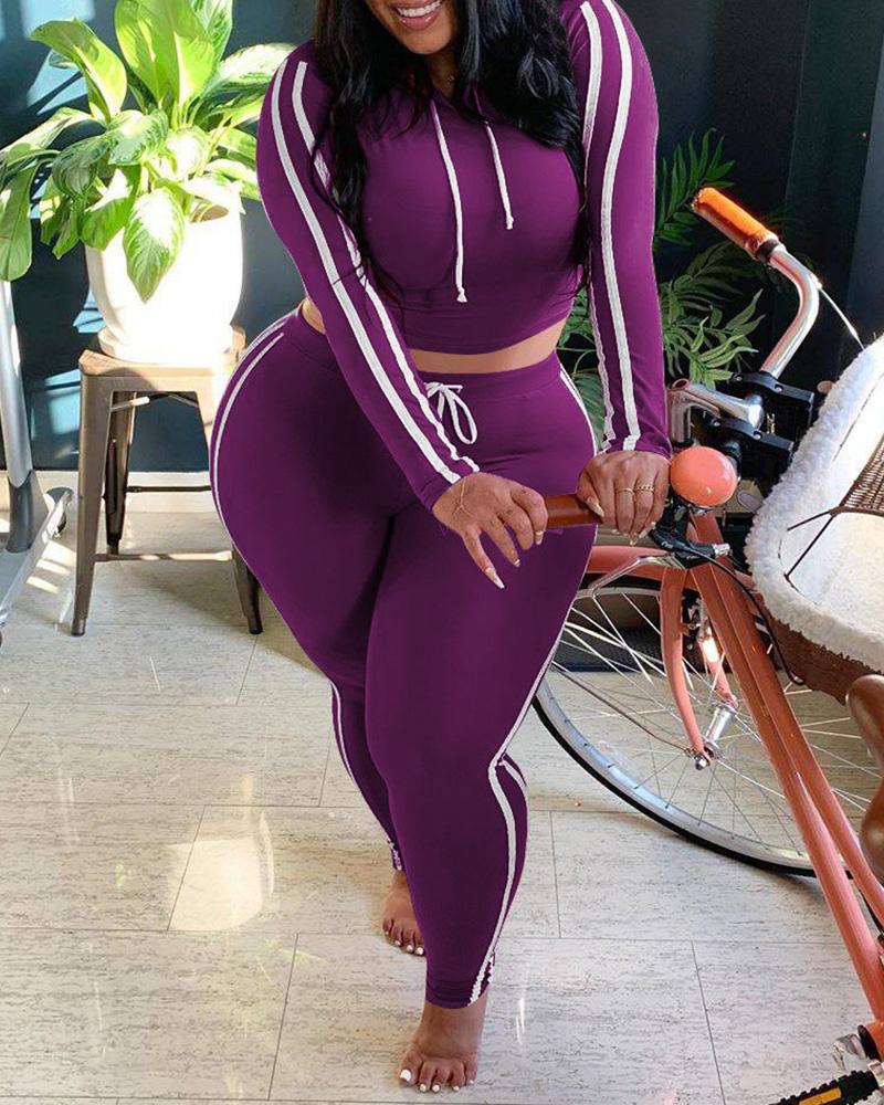 

Striped Tape Hooded Top & Pants Set, Purple