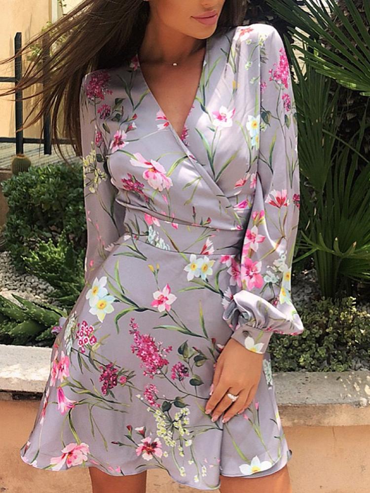 

Floral Print Lantern Sleeve Casual Wrap Dress