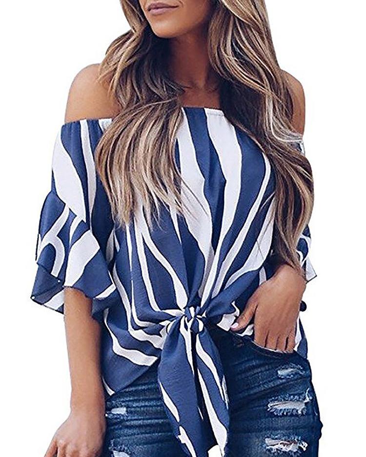 

Striped Knot Front Flared Sleeve Bardot Blouse, Blue