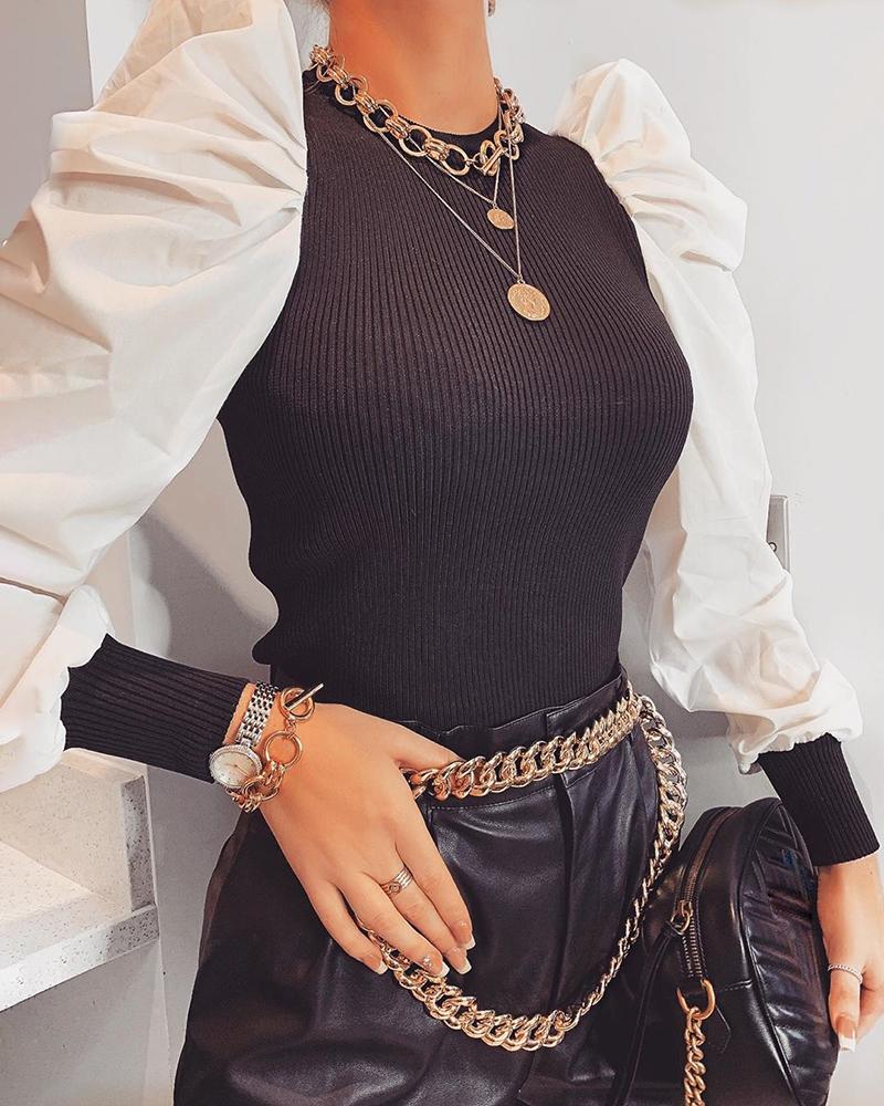 

Ribbed Colorblock Puffed Sleeve Blouse, Black