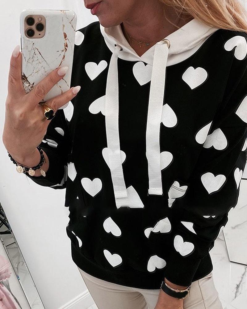 

Casual Heart Print Colorblock Sweatshirt, Black