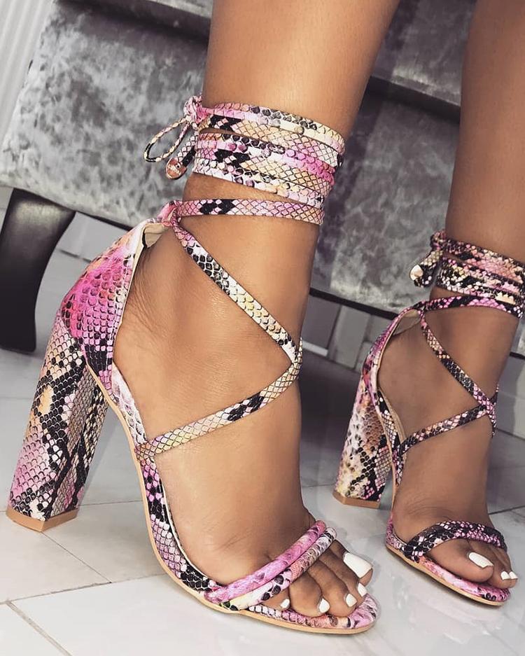 

Snakeskin Lace-up Chunky Heeled Sandals, Multicolor