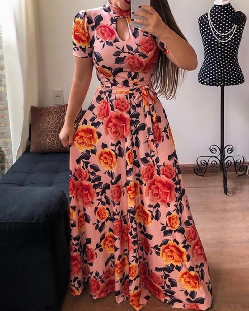 

Floral Print Short Sleeve Maxi Dress, Pink