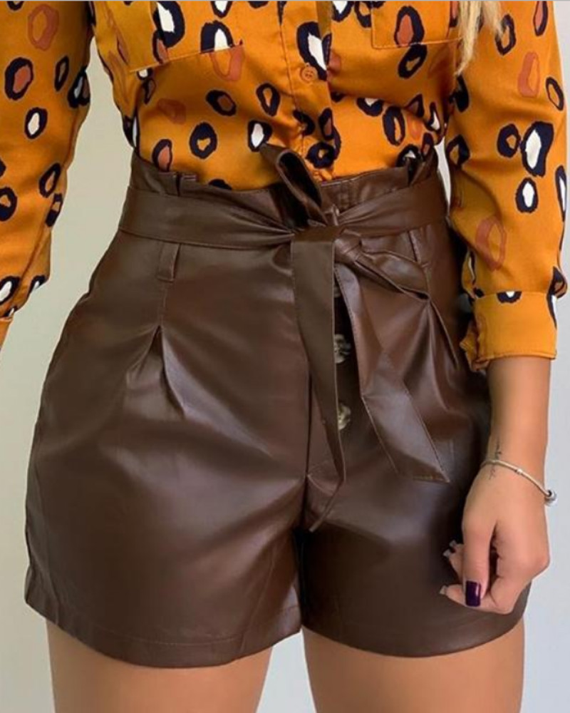 

Self-belt High Waist Coated PU Shorts, Dark brown