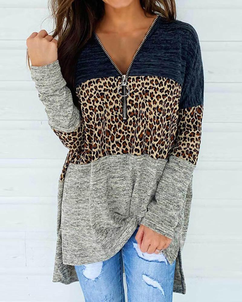 

Cheetah Print Colorblock Zipper Design Top, Dark blue