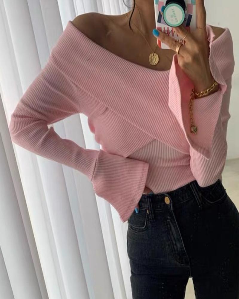 

Off Shoulder Bell Sleeve Solid Knit Top, Pink