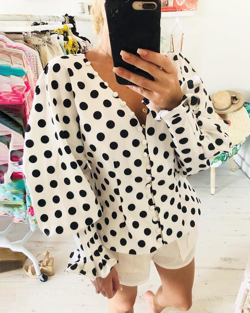 

Polka Dot Print V Neck Lantern Sleeve Blouse, White