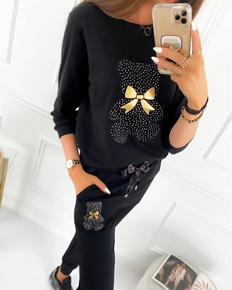 

Bear Bowknot Pattern Top & Drawstring Pants Set, Black