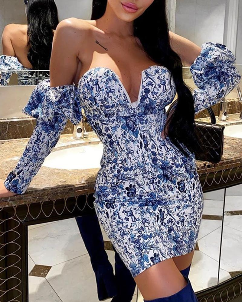 

Off Shoulder Floral Print Bodycon Dress, Blue