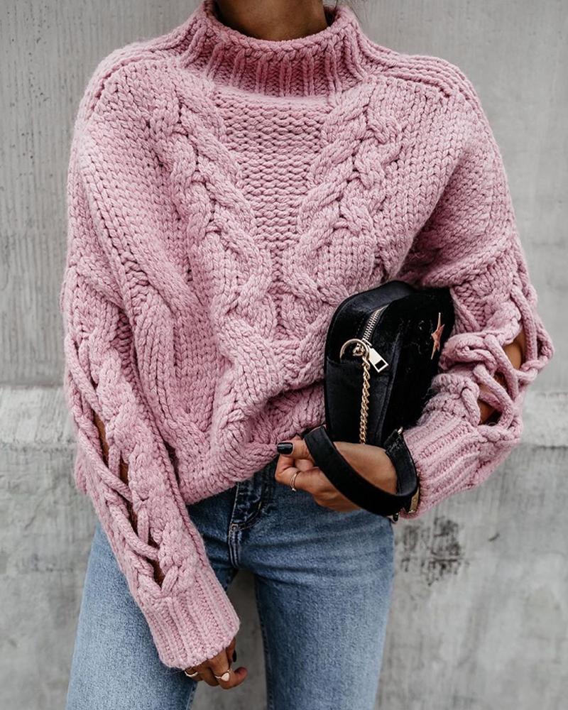 

Solid Long Sleeve Loose Cut-out Knitted Sweater, Pink