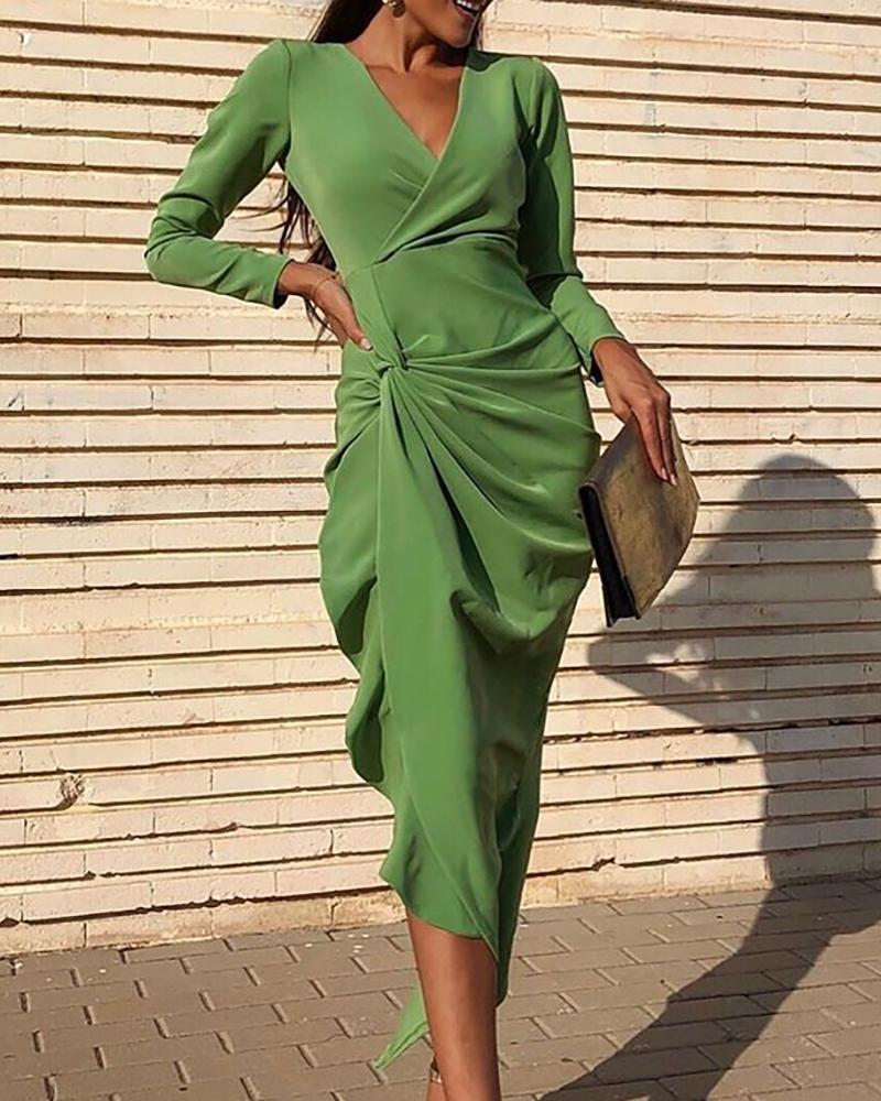 

Solid Long Sleeve Ruffles Ruched Dress, Green