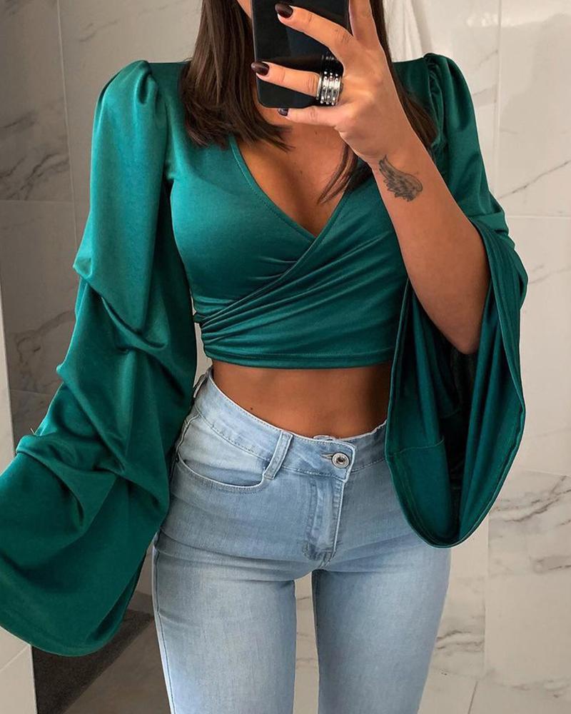 

Plain Puff Sleeve Wrap Crop Top, Green
