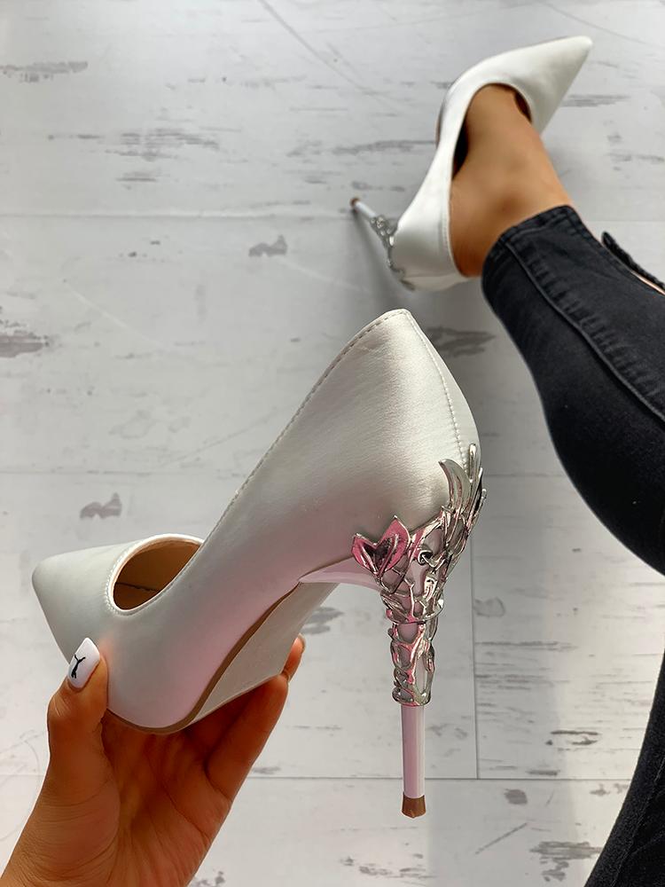 

Metallic Embellished Pointed Toe Heels, White