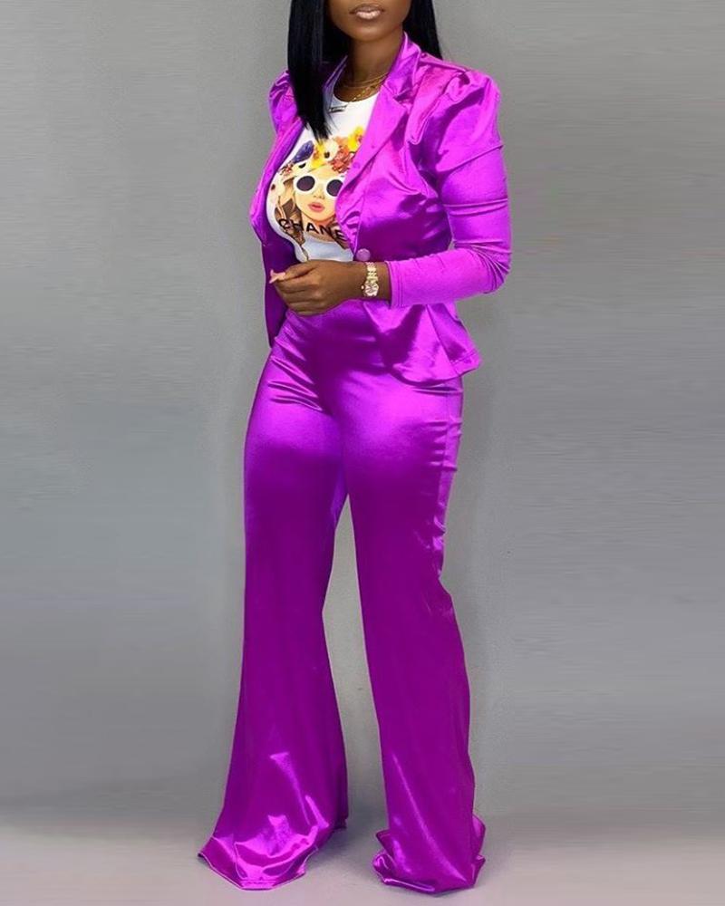 

Solid Notched Collar Puff Sleeve Blazer & Wide Leg Pants Sets, Purple