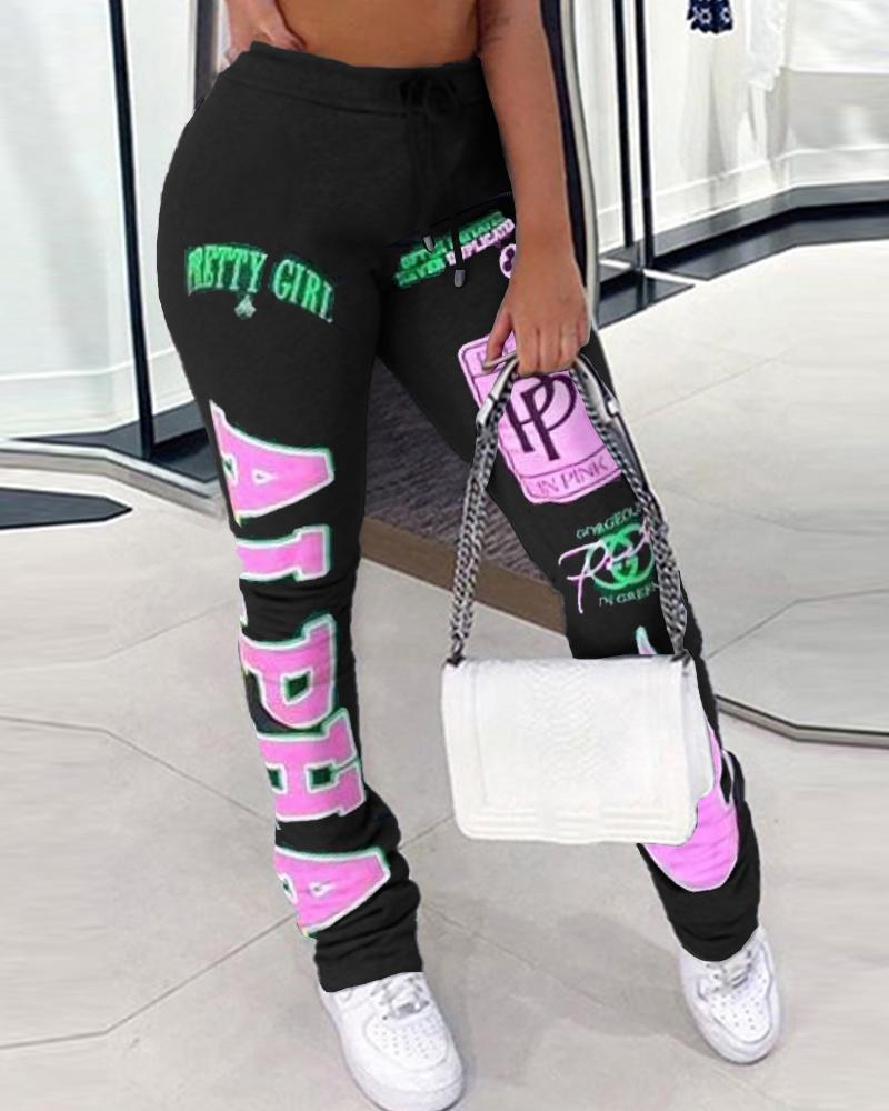 

Letter Print Drawstring Fold Sweatpants, Black