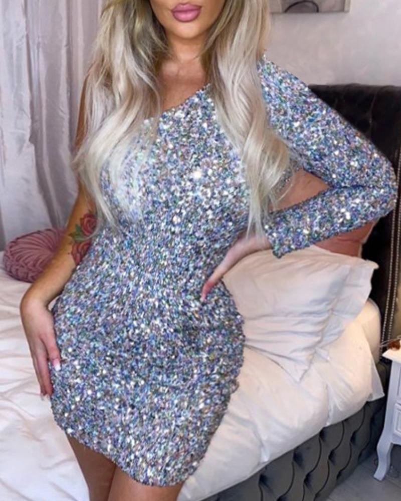 

One Shoulder Sequined Bodycon Mini Dress, Silver