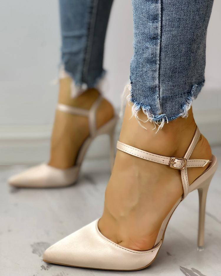 

Satin Ankle Buckle Pointed Toe Thin Heeled Sandals, Gold