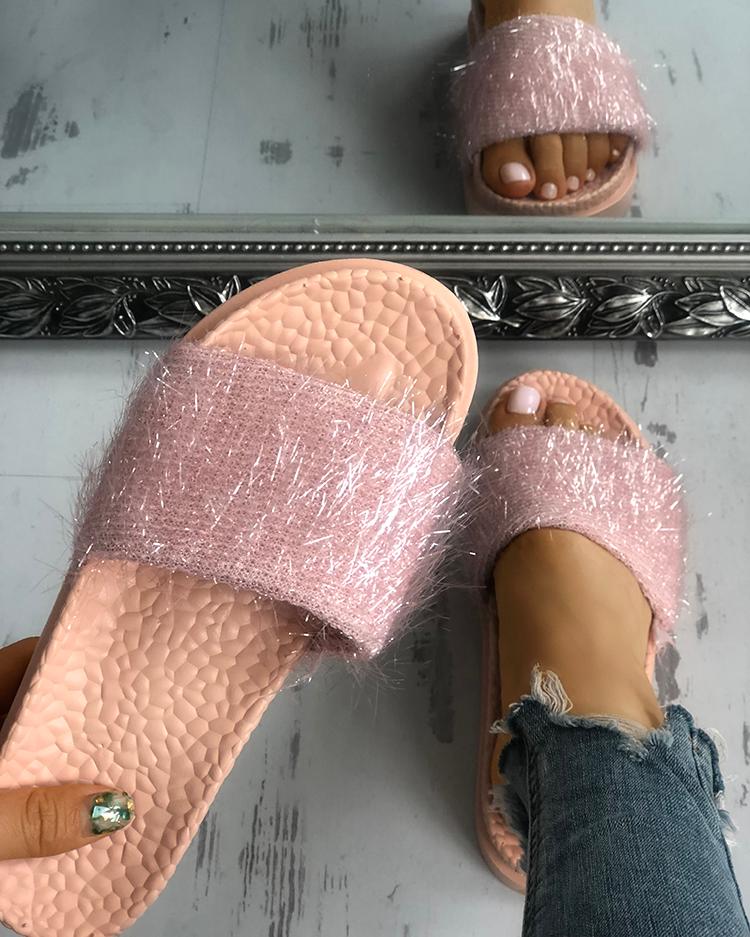 

Shiny fluffy Embellished Peep Toe Slippers