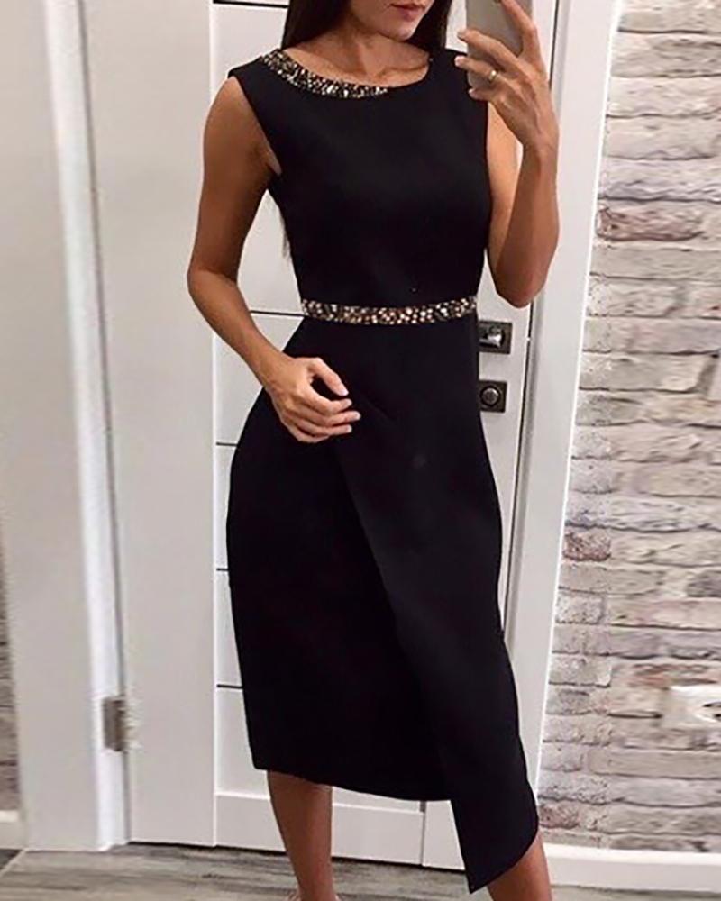 

Glitter Sleeveless Mid-Calf Dress, Black