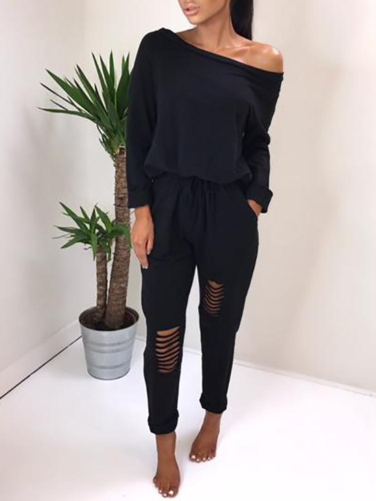 

Trendy Ripped Skew Neck Tied Waist Casual Jumpsuit, Black