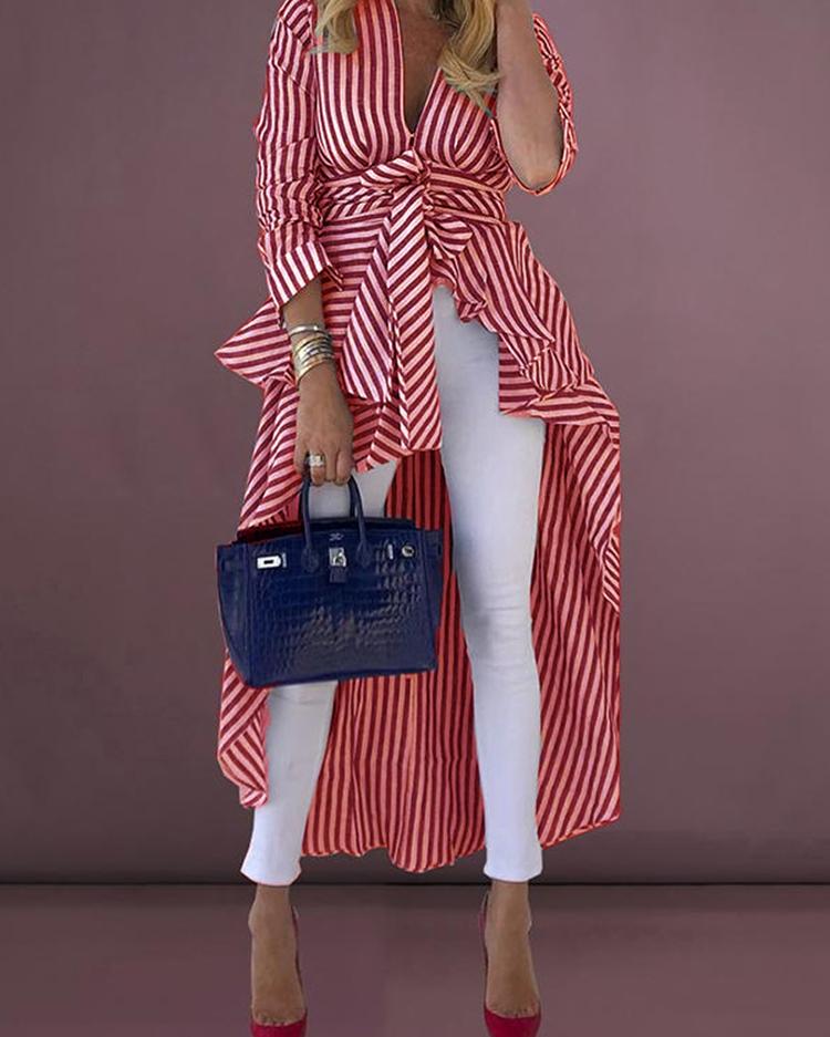 

Striped Tied Front Dip Hem Shirt