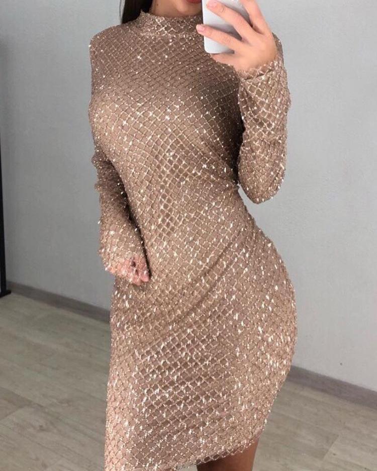 

Shiny Sequins Long Sleeve Bodycon Dress, Gold