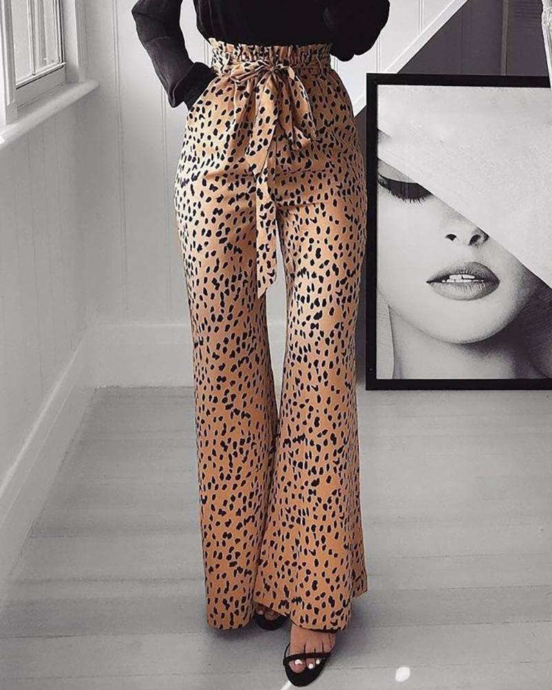 

Print Elastic waist Bowknot Casual Pants, Khaki