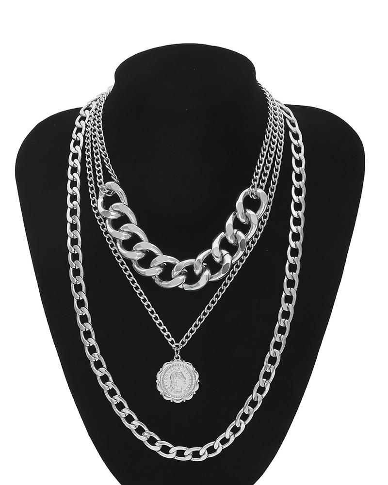 

Coin Figure Pattern Layered Chain Necklace, Silver