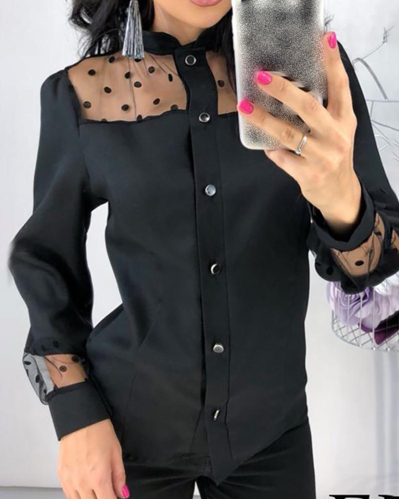 

Polka Sheer Mesh Insert Long Sleeve Buttoned Shirt, Black