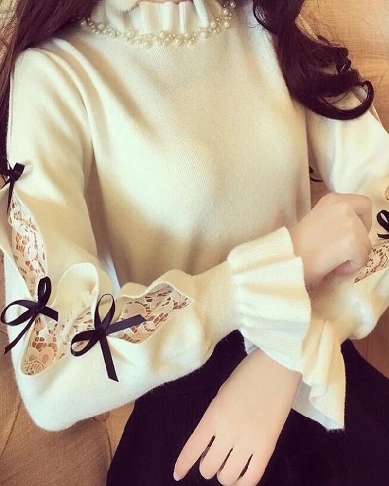 

Bowknot Detail Lace Beaded Long Sleeve Sweater, White