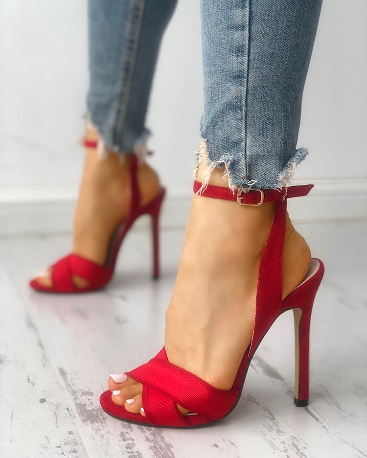 

Solid Crisscross Buckled Thin Heeeled Sandals, Red