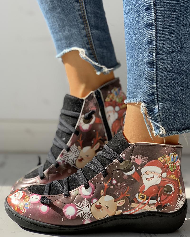 

Suede Cartoon Print Patchwork Lace-Up Casual Boots, Black