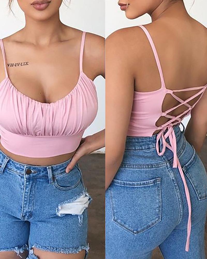 

Solid Bandage Backless Ruched Top, Pink