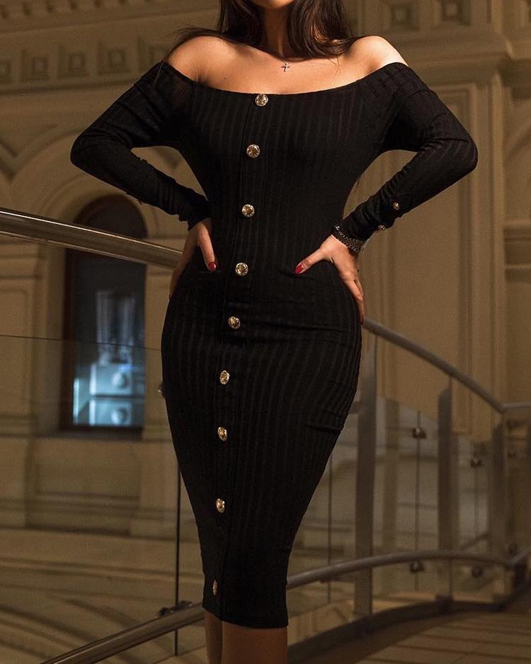 

Off Shoulder Button Design Bodycon Dress, Black