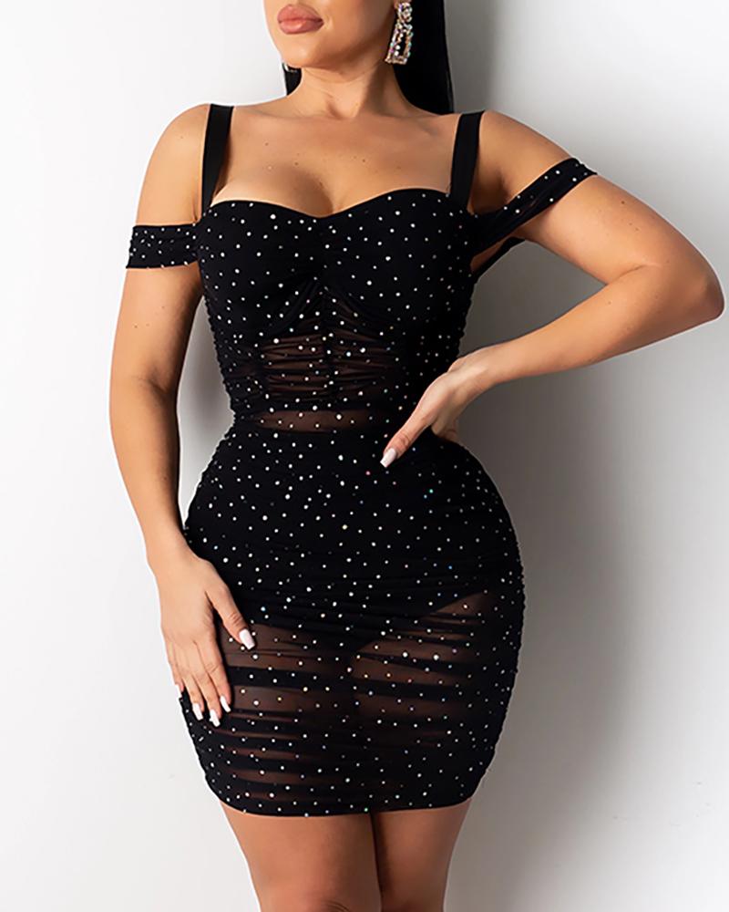 

Cold Shoulder Thick Strap Mesh Sequins Dress, Black