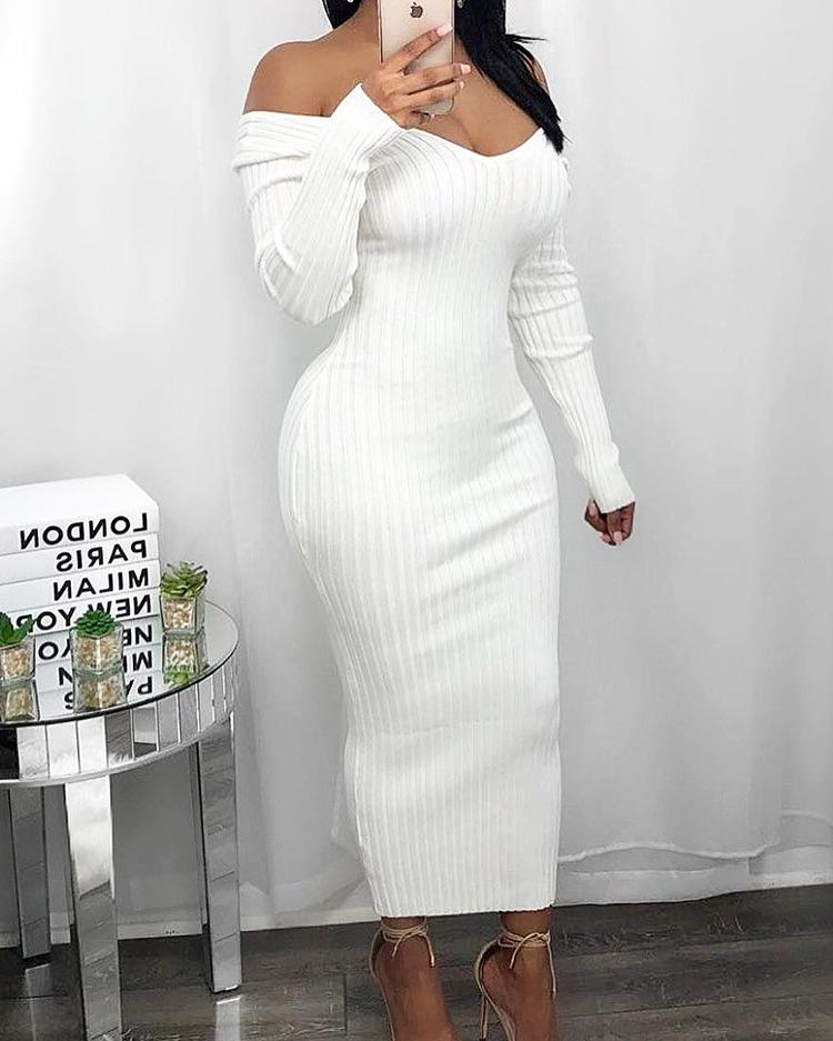 

Off Shoulder Ribbed Slinky Maxi Dress, White