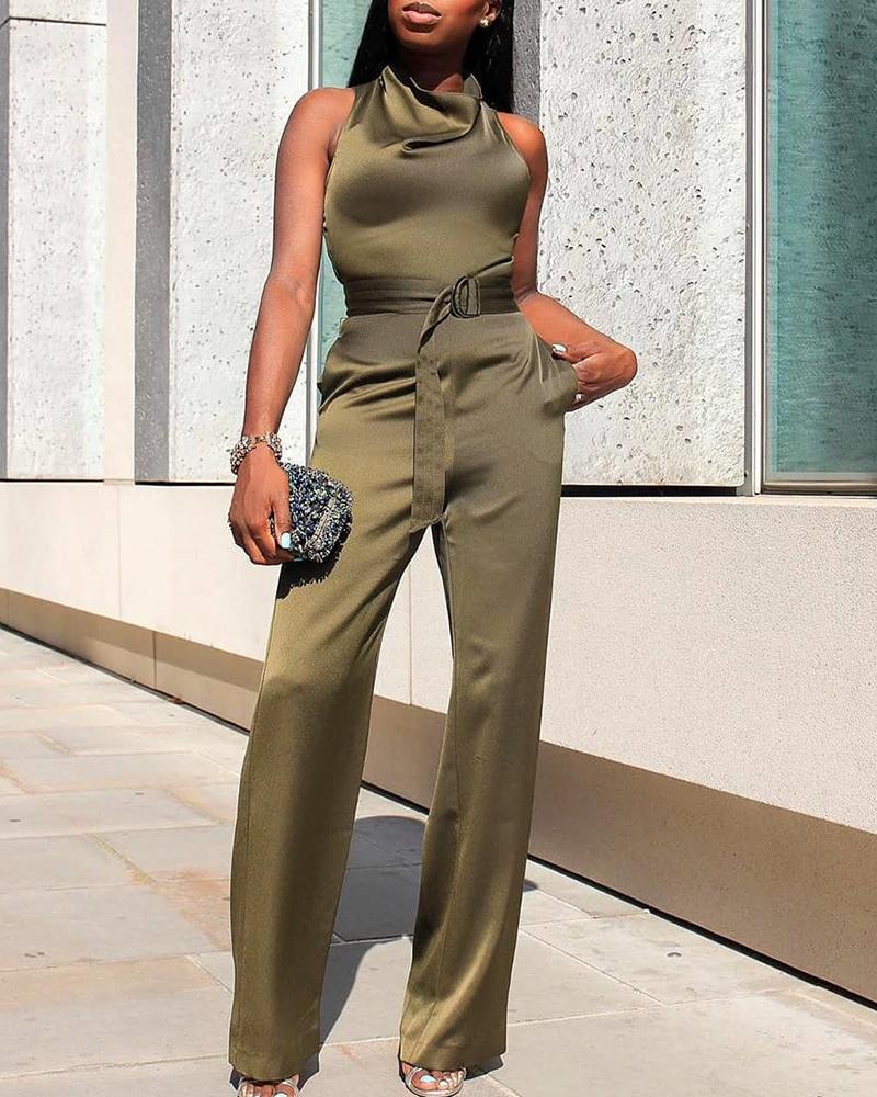 

Solid Sleeveless Heap Neck Belted Jumpsuit, Dark green