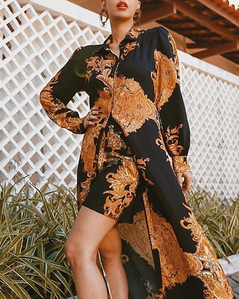 

Baroque Print Longline Shirt & Short Sets, Brown