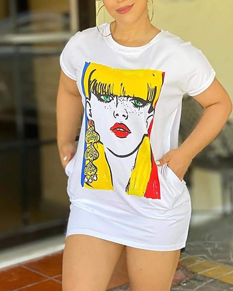 

Face Print Pocket Casual T-shirt, White