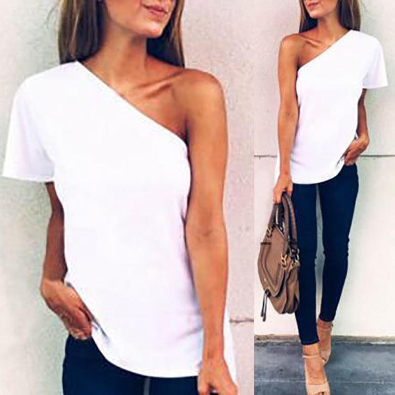 

Plus Size One Shoulder Short Sleeve Casual T-shirt, White