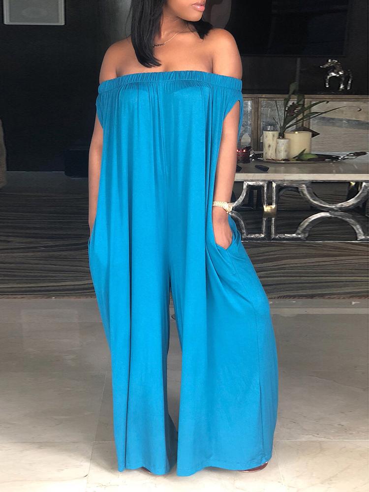 

Oversized Stretchy Off Shoulder Loose Jumpsuit, Blue