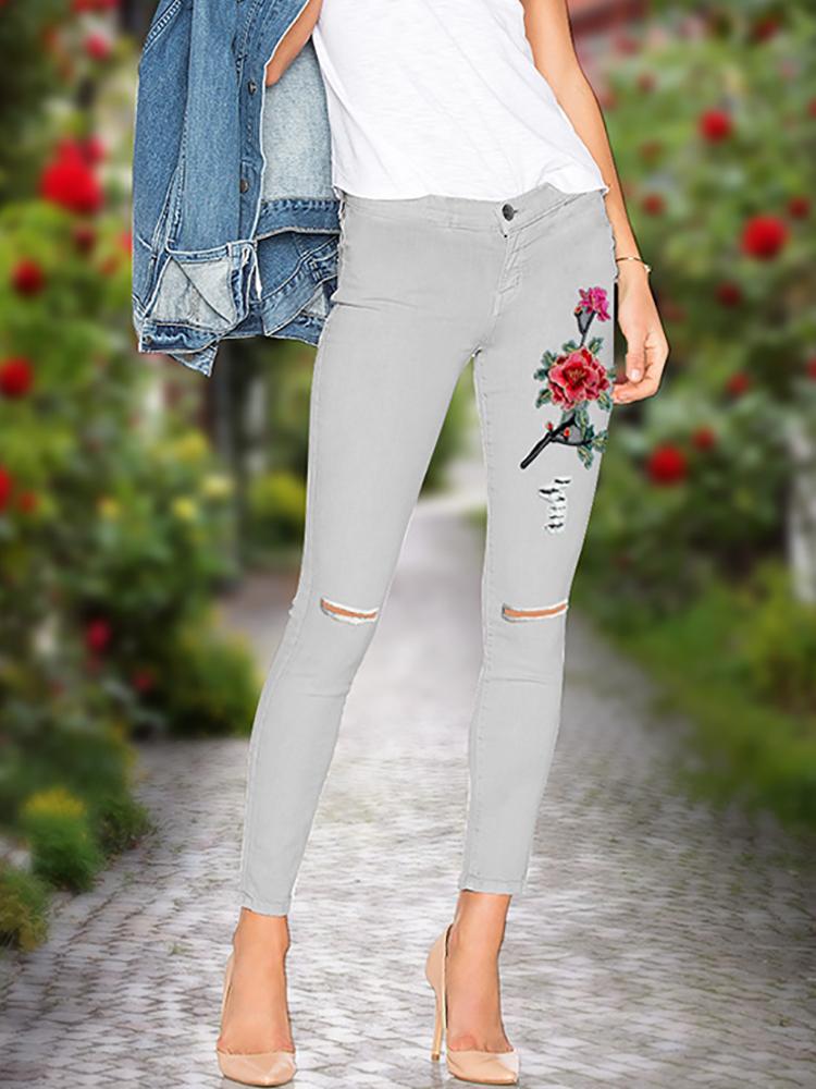 

Embroidered Ripped Skinny Denim Pants, Gray