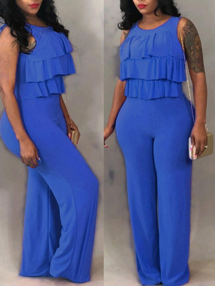 

Solid Layered Ruffle Design Wide Leg Jumpsuit