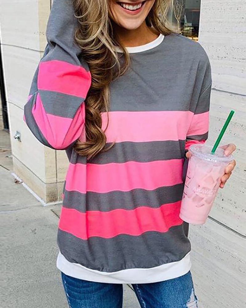 

Striped Colorblock Round Neck Long Sleeve Sweatshirt, Gray