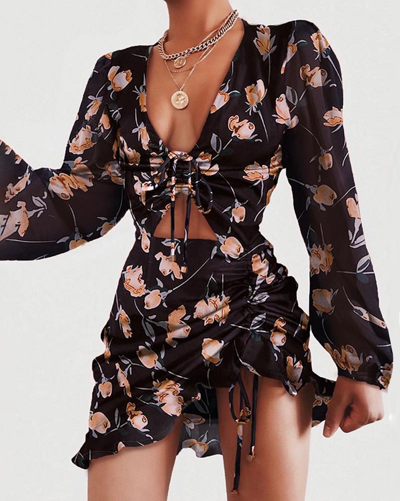 

Floral Print Drawstring Design Ruched Dress, Black