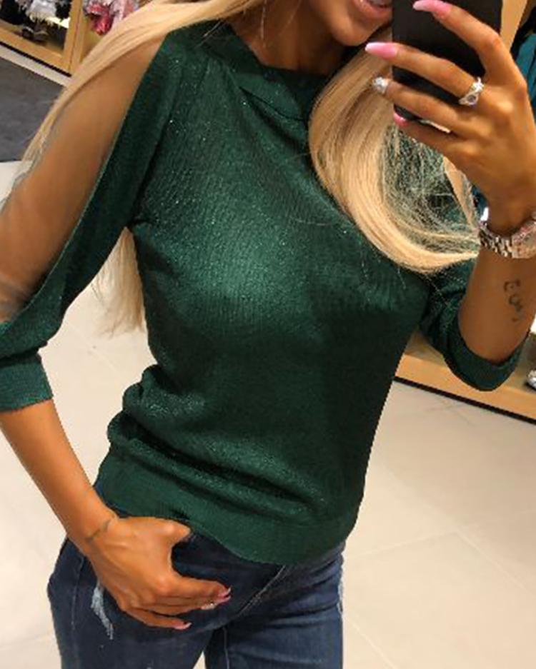 

Shiny Mesh Insert Pullover Top, Green
