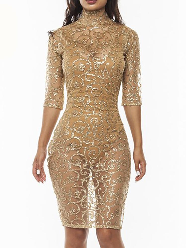 

Glittering Applique Side Split Bodycon Romper Dress, Gold